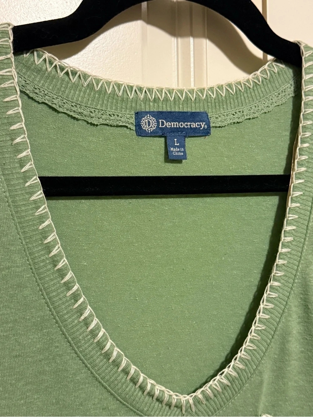 Democracy Light Green V-Neck Short Sleeve Tee with Pocket - Picture 2 of 4